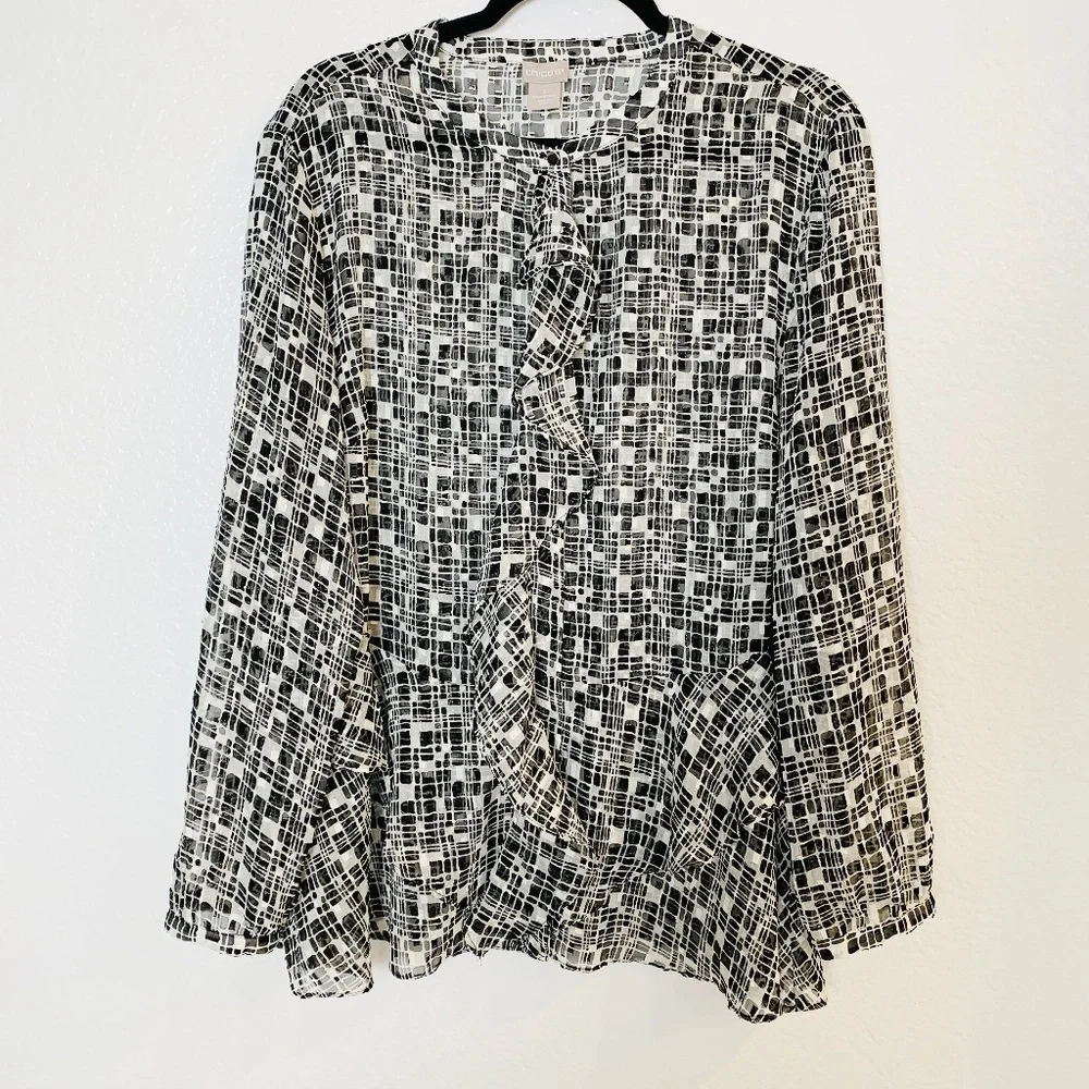 Chico's Blouse Size 3/US 16/18 Black White Metallic Gold Ruffle Front Semi Sheer